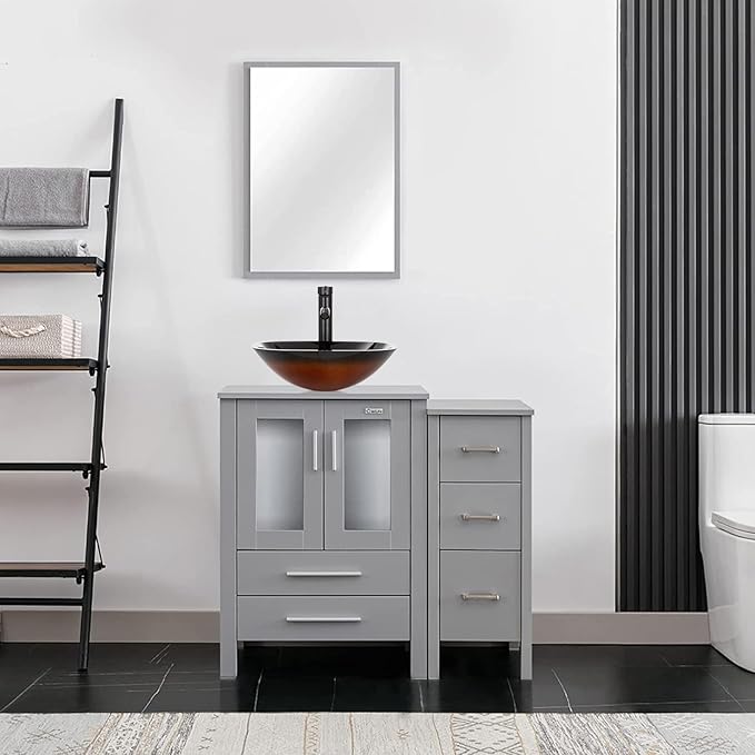 eclife 36" Modern Bathroom Vanity Sink Combo Freestanding Cabinet with Small Side Cabinet, Brown Square Glass Vessel Sink, Water Save Faucet, Drain (Gray+A48)