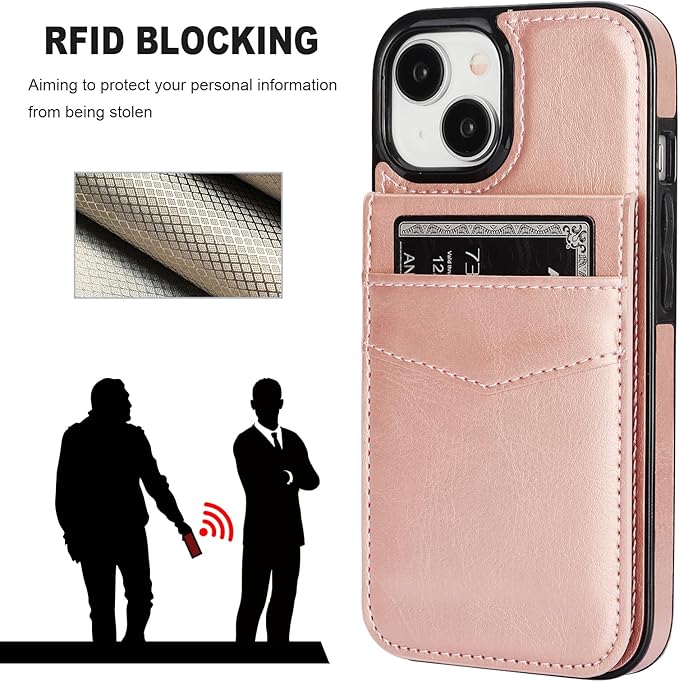 KIHUWEY for iPhone 15 Case Wallet Compatible with MagSafe Wireless Charging, Credit Card Holder, RFID Flip Leather Magnetic Clasp Kickstand Heavy Duty Protective Cover 6.1 Inch (Rose Gold)