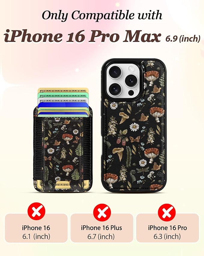 Shorogyt for iPhone 16 Pro Max Case Wallet - Fits 5 Cards, Compatible with Magsafe Detachable Magnetic Credit Card Holder Leather Cardholder Cute Phone Cover Women Girls for Apple 16 ProMax, Mushroom