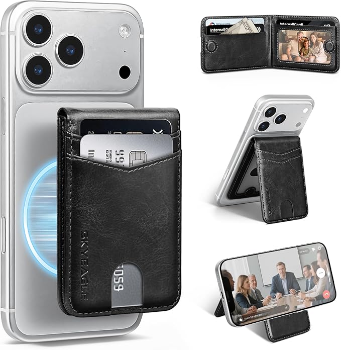 Compatible with Magsafe Case with Card Holder for Men Women Magnetic Ultra-Thin Wallet Bracket Adjustable Bracket for iPhone 17/16/15/14/13/12 Pro/Pro Max/PlusSeries,Black