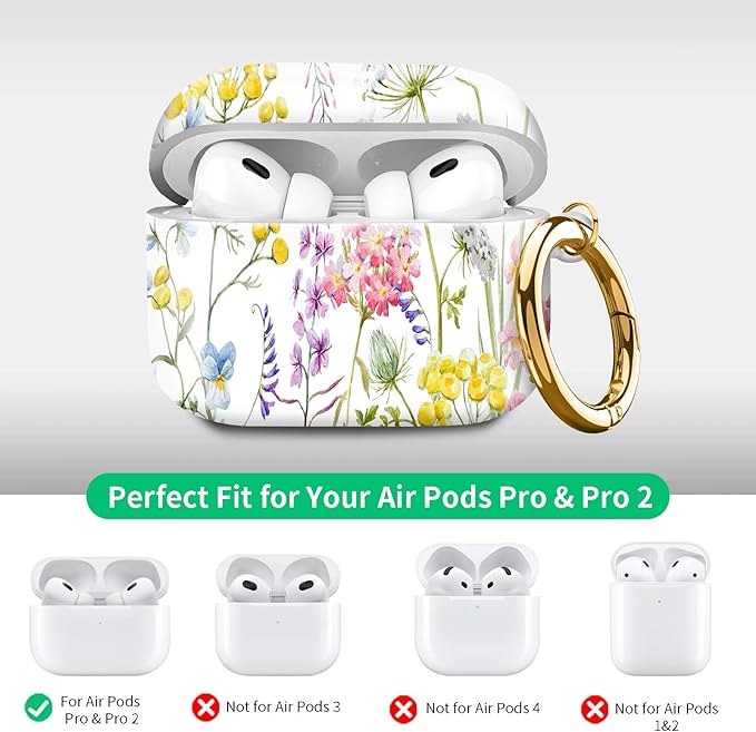 Compatible with Airpod pro 2nd/1st Generation Case Cover with Gold Round Keychain Cute Pattern Hard & Anti Slip Cover for Men Women & Girls（Nice Flowers）