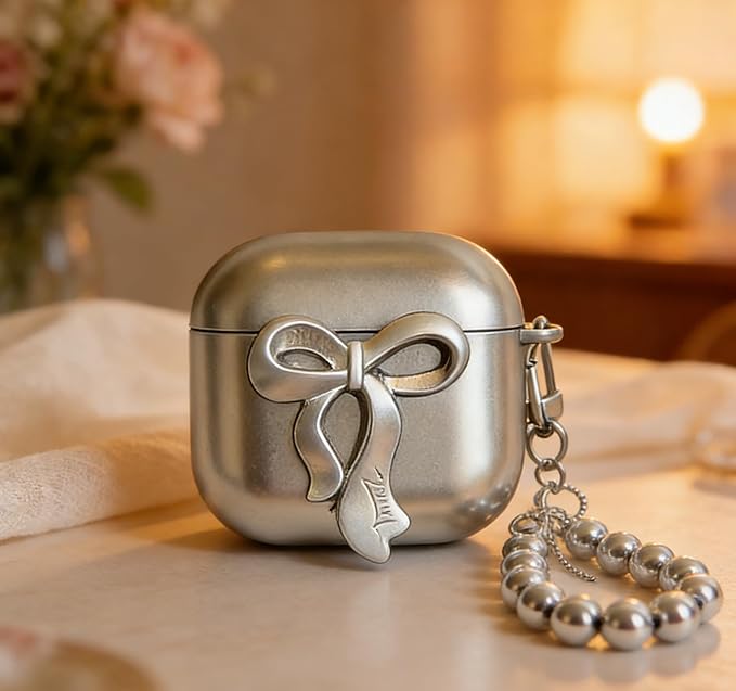 for AirPods Pro 3 Case 2025, Protective Hard Skin Cases Cover for Kawaii Girly Cute Silver Bow Airpods Pro 3rd Case for Air pod Pro 3 Cover with Keychain for Airpods Pro 3 Gen for Women Girls