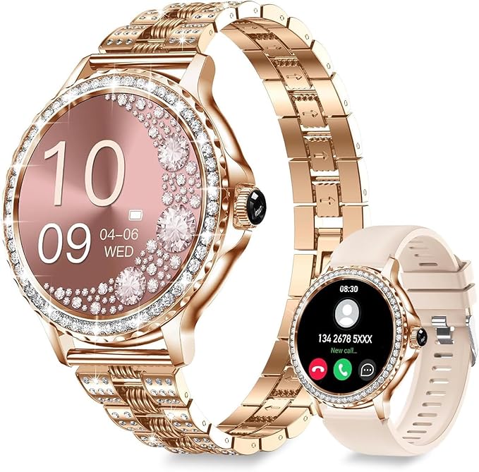 Smart Watches for Women(Make/Answer Call) with Diamond:1.3" Fitness Tracker Watch for HR/Blood Pressure/SpO2/Sleep Monitor,Digital Running Watches for Women Android/iOS, 2 Straps