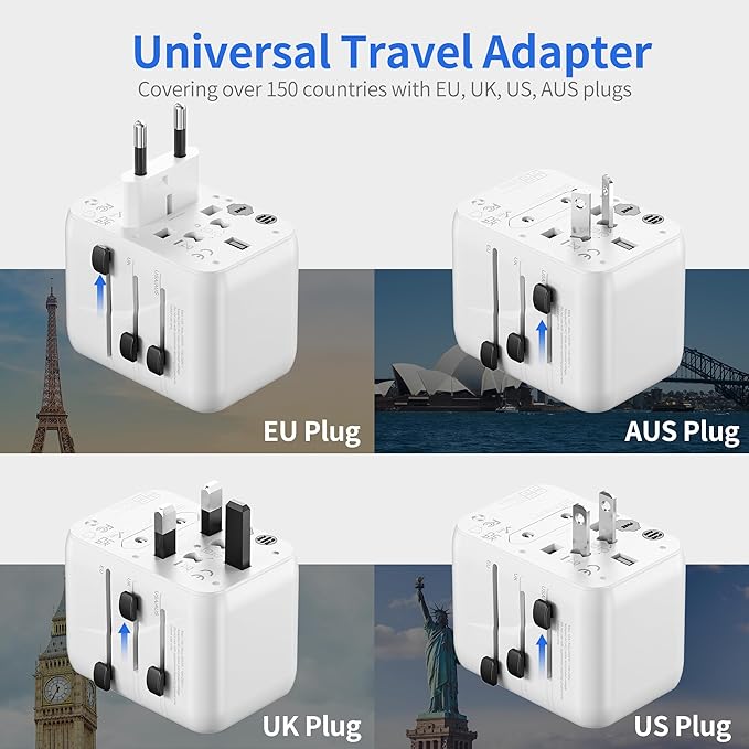 Universal Travel Adapter, TraveJuice International Plug Adapter with USB-C & 2 USB-A Outlet Wall Charger, US to UK, AU, European Travel Plug Adapter, All in One Worldwide Adapter Travel Essentials