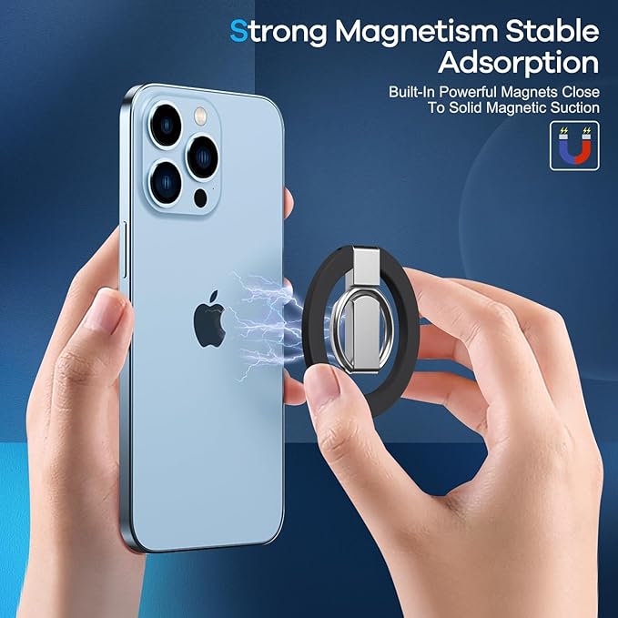 Black Professional Phone Ring Holder Adjustable Magnetic Kickstand iPhone 11 12 13 14 15 16 17 Pro Max Samsung Galaxy Business Anti-Drop Grip 360° Rotation Wireless Charging Compatible Durable Design