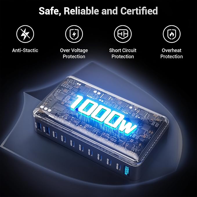 1000W USB C Charging Station, 10-Port USB C Desktop Charger, PD 140W PD 100W QC 20W GaN IV Fast USB Charging Hub for MacBook, Ipad, iPhone, Samsung