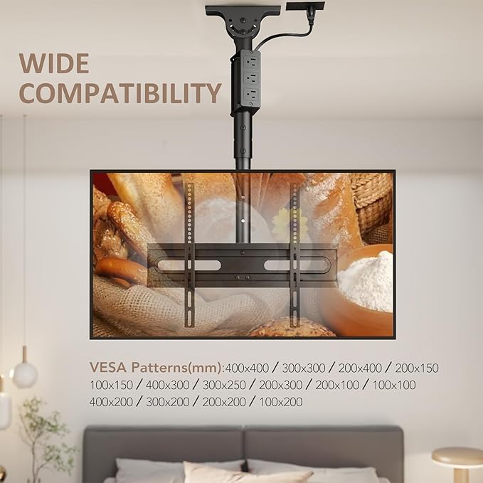AX WABER Ceiling TV Mount with Power Outlet for 27-65 inch Flat Screen Displays, Max VESA 400x400mm, Hang Adjustable Ceiling TV Bracket Fits Most LCD LED TVs, Pole Ceiling Mount Holds up to 110lbs