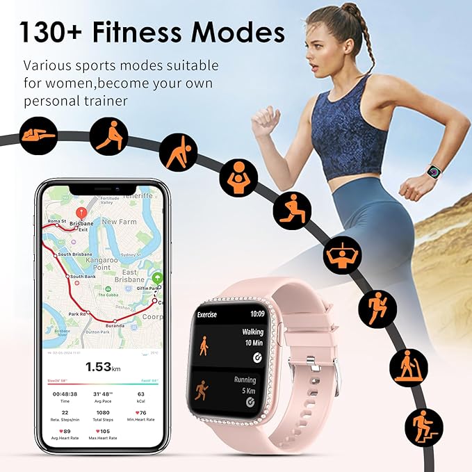 Smart Watch for Women, 1.75" AMOLED Fitness Tracker for Android iOS, Answer/Make Call with Heart Rate Sleep Monitor 130+ Sports Mode, IP68 Waterproof Smartwatch (Pink Band)