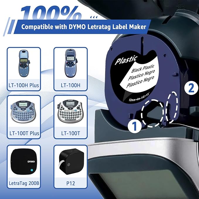 10 Pack Compatible for Dymo Label Maker Refills 913318 White on Black Plastic Label Maker Tape 12mm x 4m (1/2" x 13') for Dymo Letra Tag Refills 200B LT100H LT100T LT110T