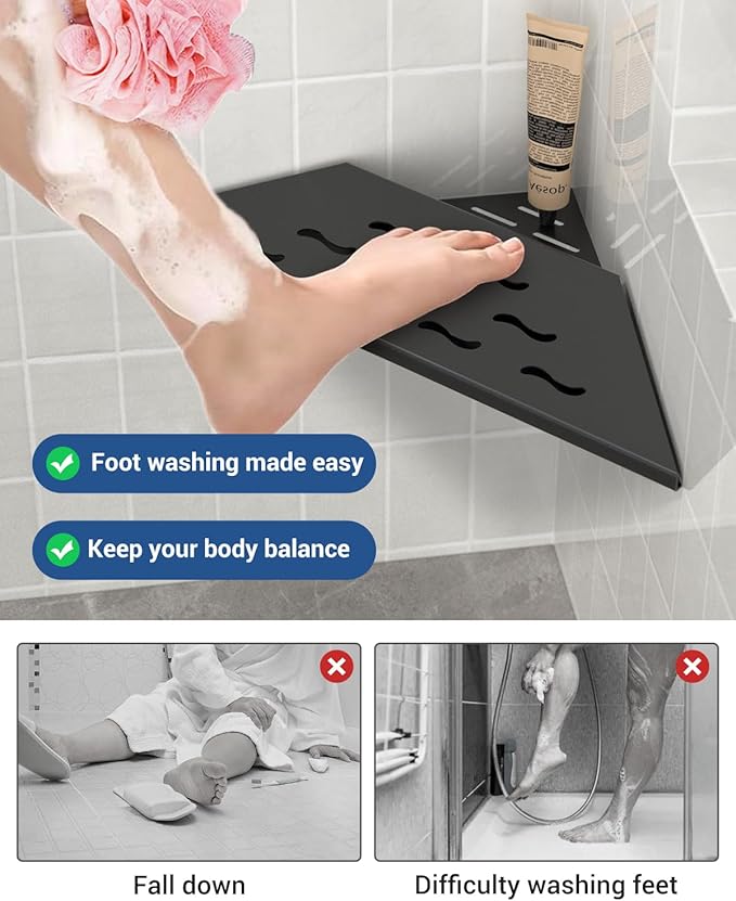 DAYONE Corner Foot Rest for Shaving Legs 10'' Black, Wall Mounted 304 Stainless Steel Footrest with Shaving Holder, Recessed Designed Foot Ledge for Bathroom Inside Shower