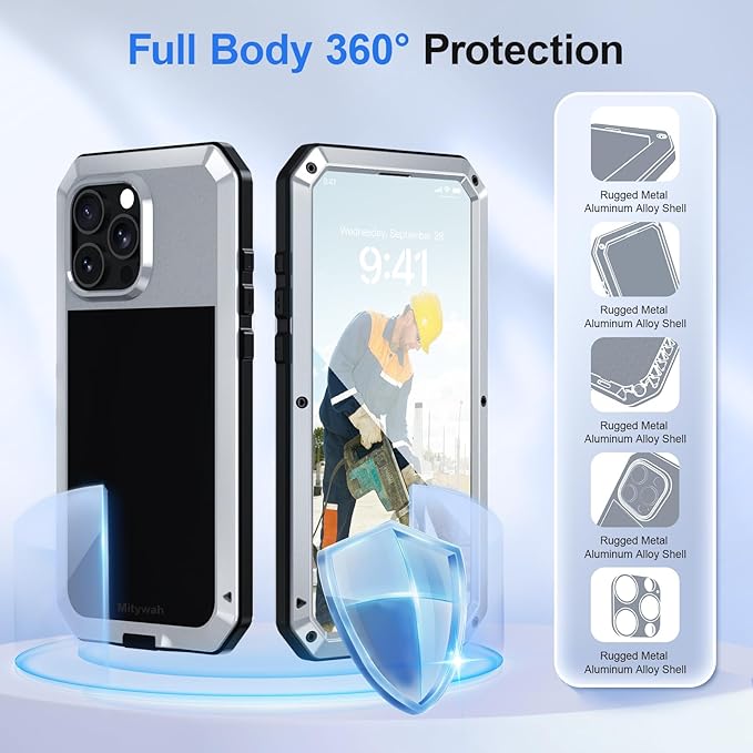 Mitywah Metal Case for iPhone 16 Pro Max, Rugged Phone Case with 9H Screen Protector Military Grade Full Body Protection Heavy Duty Dual Layer Screw Bumper Protective Case for 16 Pro Max Silver