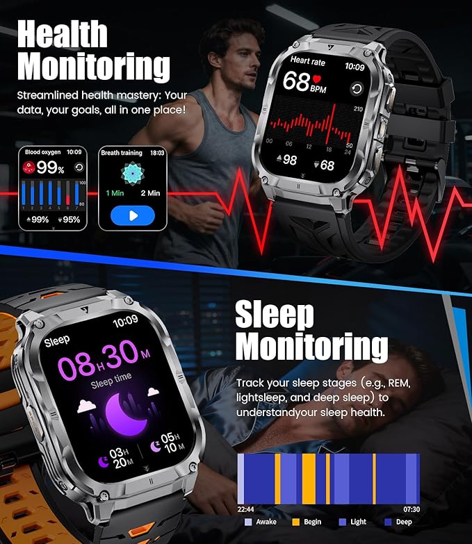 Military Smart Watch for Men(3 Bands),1000mAh/2 HD Large Screen Smartwatch, Flashlight/110+ Sports Modes, Fitness Tracker Watch for Android iOS,Black