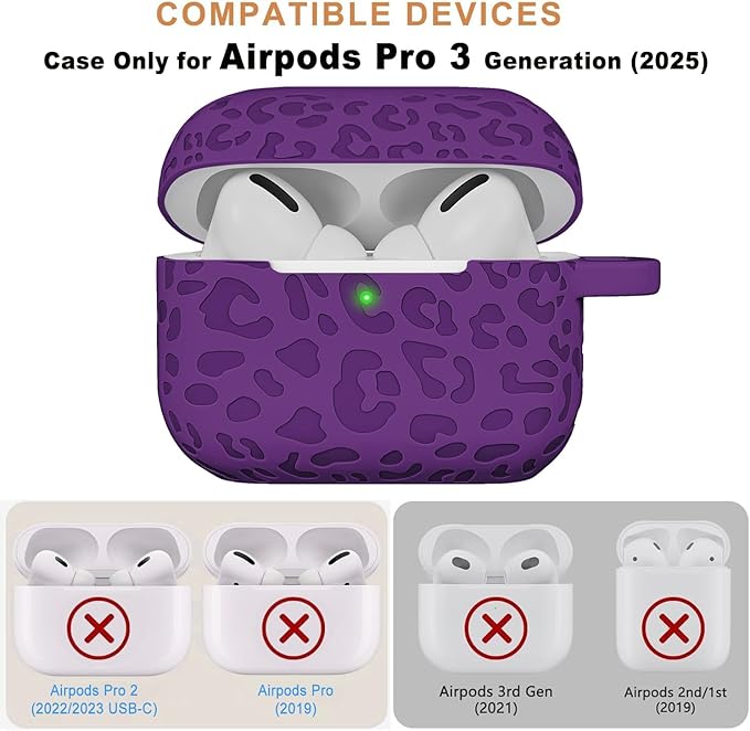 Case Compatible with AirPods Pro 3 Generation 2025 Cover with Keychain, Gawnock Engraved Leopard Skin Soft Cover for AirPods Pro 3 Case Full Protection,Front LED Visible, Deep Purple