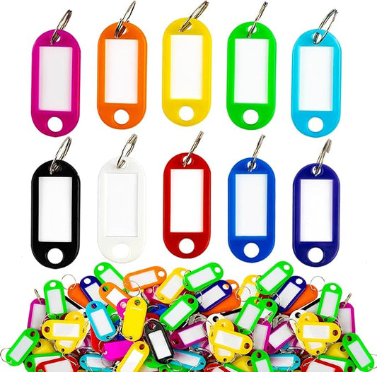 Sukh 100 PCS Key Ring Tags - Key Tags Plastic 10 Assorted Colours,Identifiers,Name and Labels,Adapt to USB Drive,Keys,Pets,Bags,Clothes Racks and Drawers,Rectangular 2.1x4.6cm