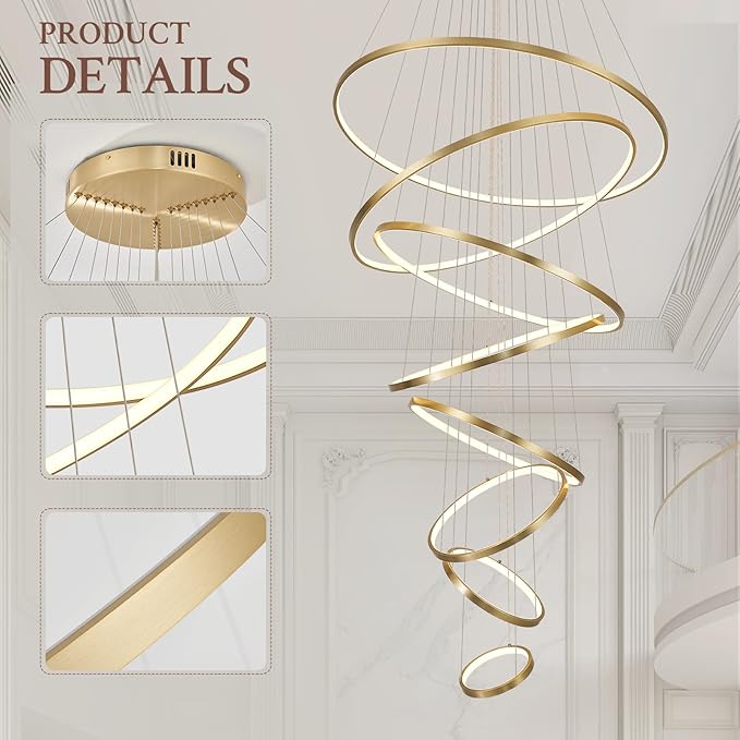 Modern LED Chandelier 8 Rings Dimmable Gold High Ceiling Chandelier Foyer, Large LED Contemporary Pendant Lighting for Staircase Entryway Living Room, D35’’ 3000K-6500K