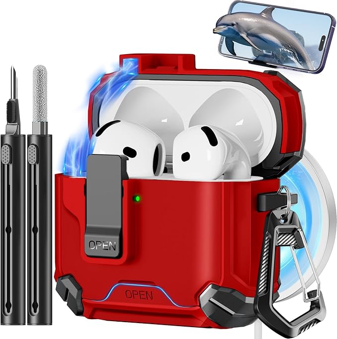 Compatible with AirPods 4 Case,Magnetic Automatic Lock with Phone Stand & Cleaning Kit,Compatible with Magsafe Cover -C-RED