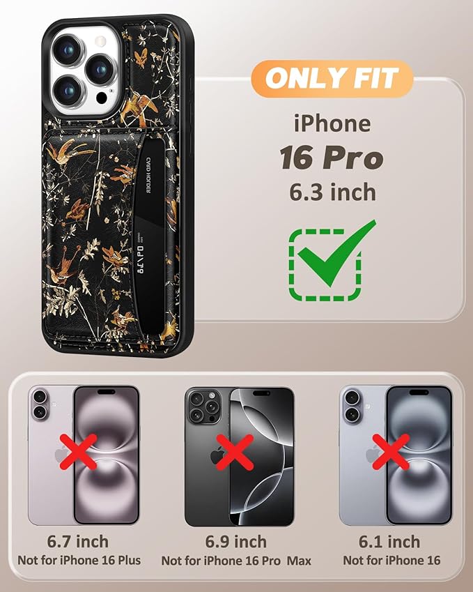 for iPhone 16 Pro Case with Wallet - Fits 4 Card Slots, Compatible with MagSafe for Women Aesthetic Durable PU Leather Credit Card Holder Kickstand Phone Cover for Apple 16 Pro, Yellow Bird
