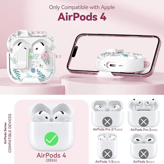 with Safety Lock for Apple AirPods 4 Case,Clear Floral Cute AirPod 4th Generation Case with Phone Stand & Cleaning Kit for Women Girly-Orange Flower-Raspberry