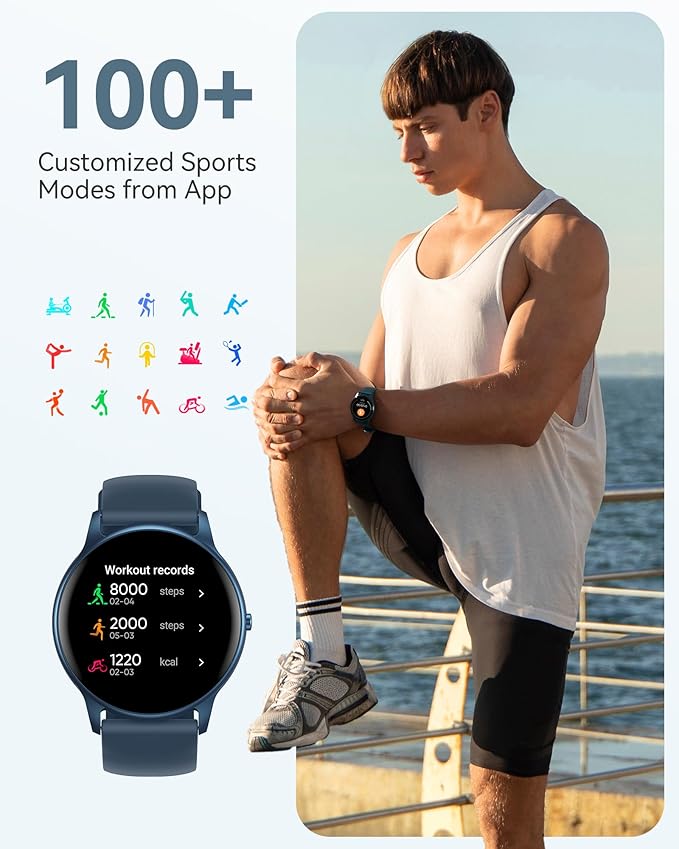 AGPTEK Smart Watch for Women Men, 5ATM Waterproof Smartwatch for Android and iOS Phones, Fitness Tracker Watch with 100+ Sports Modes, Heart Rate Monitor Pedometer Sleep Monitor, Blue
