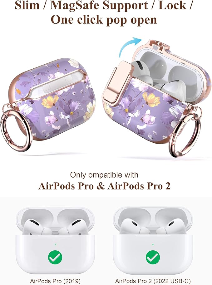 TATOFY for AirPods Pro 2nd Generation Case with Lock Carabiner Cleaner, Slim AirPod Pro 1st & 2nd Hard Case Cover, Compatible with MagSafe (Gray Purple)