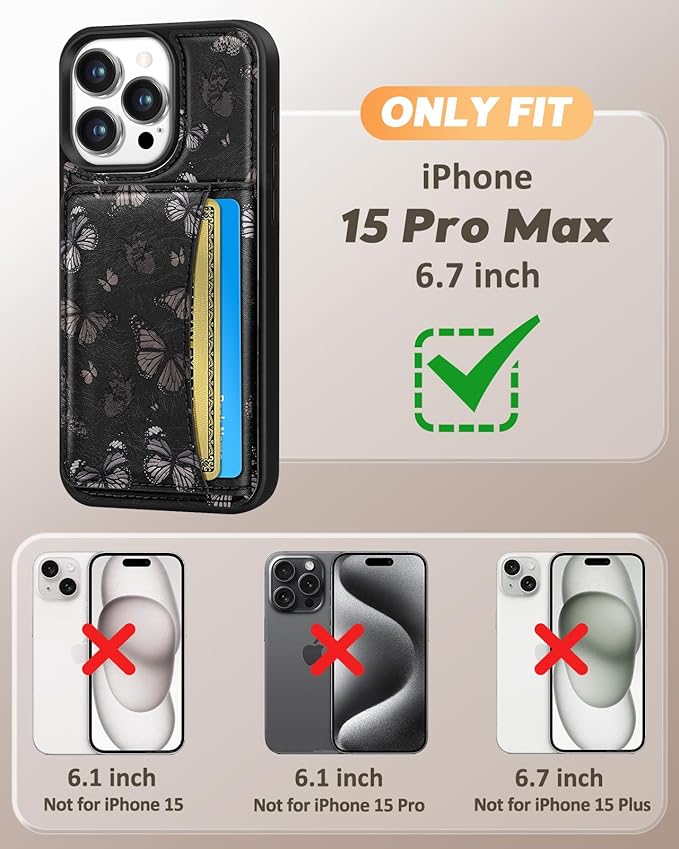 for iPhone 15 Pro Max Case with Wallet - Fits 4 Card Slots, Compatible with MagSafe for Women Aesthetic PU Leather Credit Card Holder Kickstand Phone Cover for Apple 15 Promax, Black Butterfly