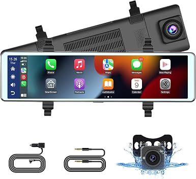 11.26 Inch Dashcam Front and Rear View Mirror Camera, Wireless CarPlay Android Auto Screen, Rearview Mirror Dash Cam with Bluetooth/Dual Cameras/AUX/Split Screen/Voice Control/1080P Backup Camera