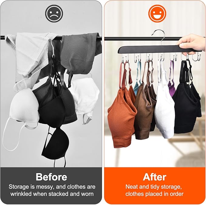 2 Pack Bra and Tank Top Closet Organizer Hangers, Foldable Wooden Space-Saving Hanger with 14 Hooks, Bra Hangers for Closet Organizer，Premium Closet Organizers and Storage for Dorm & Apartment (Black)