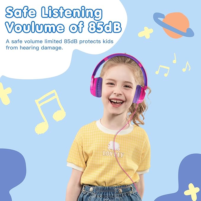 ZIHNIC Wired Kids Headphones, Safe 85dB Volume Limit for Boys & Girls, Comfortable Earpads, Foldable Design for School, Tablets, and Travel-Rose RED