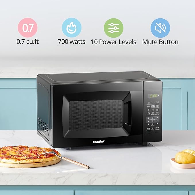 COMFEE' EM720CPL-PMB Countertop Microwave Oven with Sound On/Off, ECO Mode and Easy One-Touch Buttons, 0.7cu.ft, 700W, Black