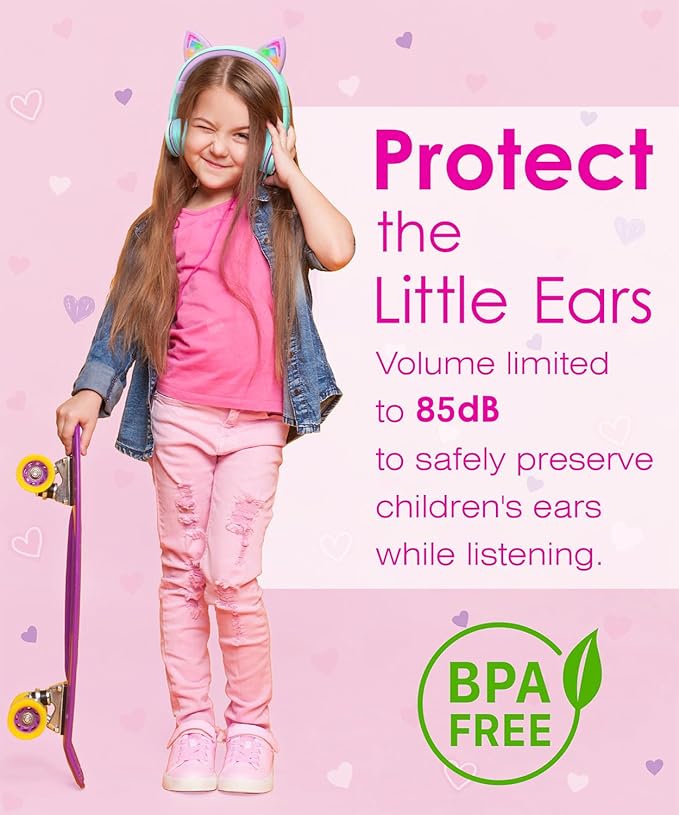FosPower Kids Headphones with LED Cat Ears (85dB Safe Volume Limit), 3.5mm Soft On-Ear Wired Headphones with Tangle-Free Laced Cables for iPad/Tablet/School/Travel - Teal/Light Purple