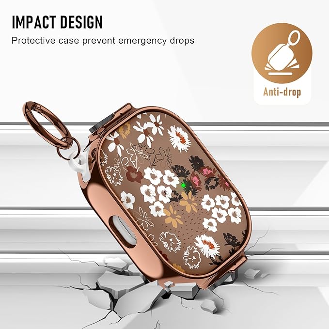 Maxjoy for Cute Airpods Pro 2 case with Safety Lock,Compatible Airpods Pro Case 2nd/1st Gen,Compatible White Flowers AirPods Case Cover for Women Girly with Keychain-Brown