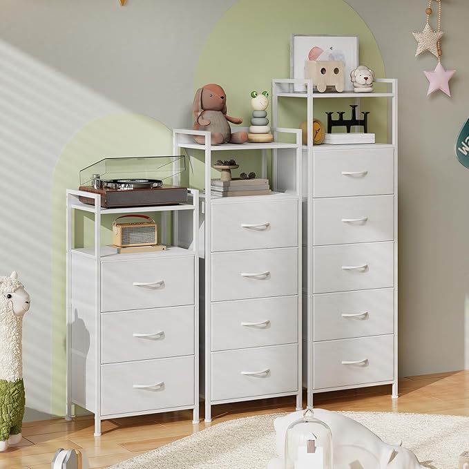Somdot White Tall Night Stand for Bedroom,Tall 5 Drawers Dresser, Vertical Storage Tower Unit, Nightstand Furniture with Fabric Drawer Organizer in Bedside Kids Dorm Room Closet Laundry Entryway