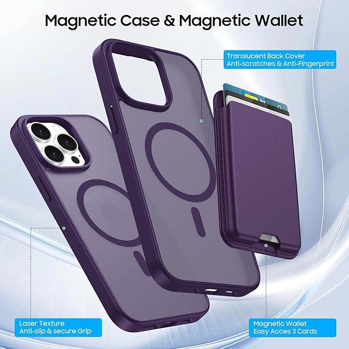 Magnetic for iPhone 15 Pro Case with Detachable Wallet, Compatible with MagSafe, Credit Card Holder with Slim Shockproof Protective Phone Cover, Purple
