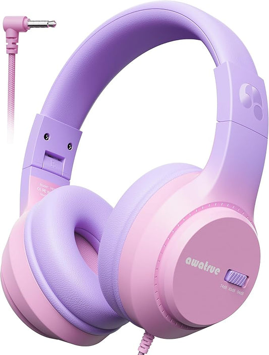 Kids Headphones, 74/85/94dB Volume Limiter, Foldable Wired Over Ear Headphones for Travel, 3.5mm Jack, Toddler Headphones for School, Chromebook, iPad, Tablet, Purple Pink