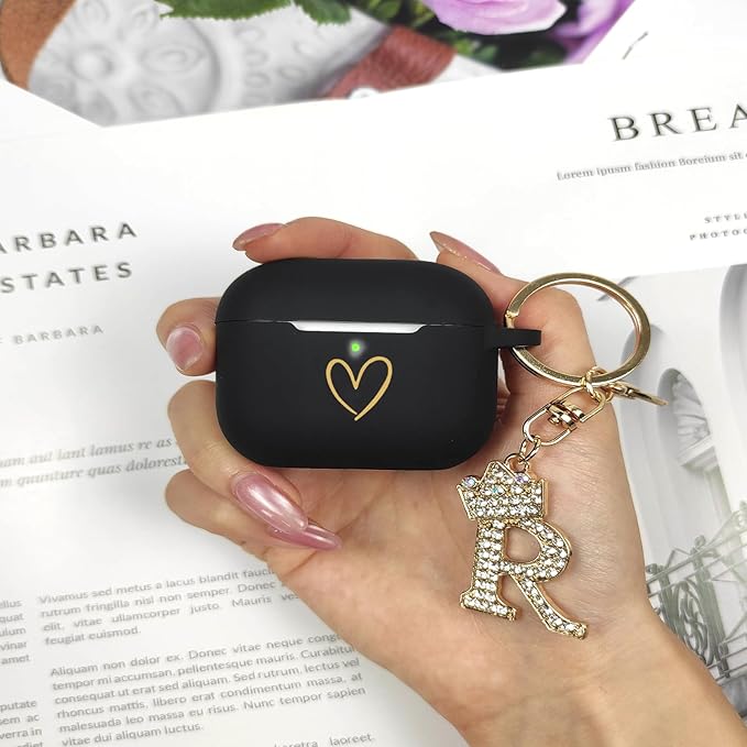 Compatible with AirPods Pro 3 Case Cover (2025), Soft Silicone Case with Gold Heart Pattern for AirPods Pro 3rd Generation Case with Rhinestone Studded Letter A-Z Keychain (R Black)