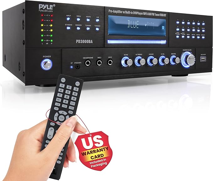 Pyle 4 Channel Bluetooth Home Amplifier - Front Loading DVD/CD Player - 3000W Peak Stereo Receiver - 2 Mic Inputs w/ Echo, FM Radio,Optical In,USB,RCA,Composite, LED Level Meter, Rack Mount - PD3000BA