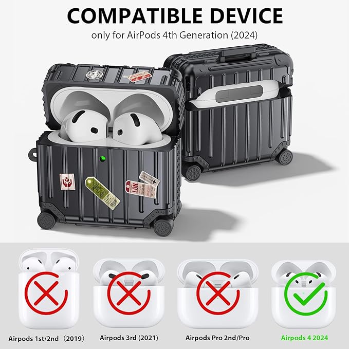 Filoto Compatible with Airpods 4 Case, Cute Fashion Suitcase Design for Airpods 4th Generation Case Cover, Shockproof Protective Hard Case with Keychain/Cleaner Kit (Black, Airpods 4 Case)