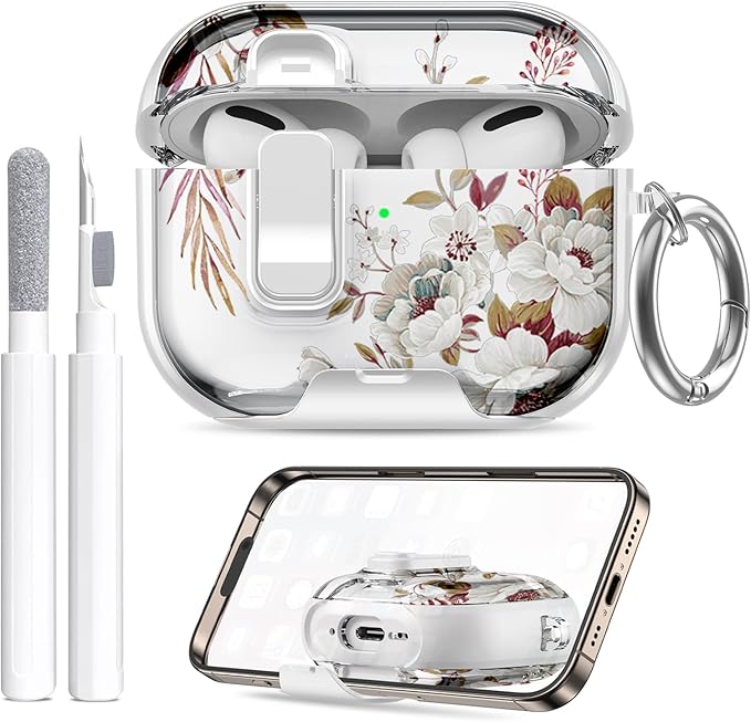 Compatible Airpods Pro 3 Case (2025) with Phone Stand & Cleaner Kit,Cute Flower Print Soft Silicone Lock Clip Apple AirPods Pro 3rd Generation Case, Airpod Pro 3 Cover with Keychain for Women/Girls