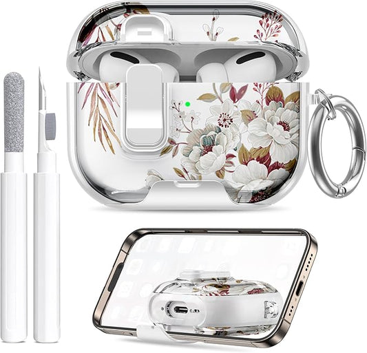 Compatible Airpods Pro 3 Case (2025) with Phone Stand & Cleaner Kit,Cute Flower Print Soft Silicone Lock Clip Apple AirPods Pro 3rd Generation Case, Airpod Pro 3 Cover with Keychain for Women/Girls