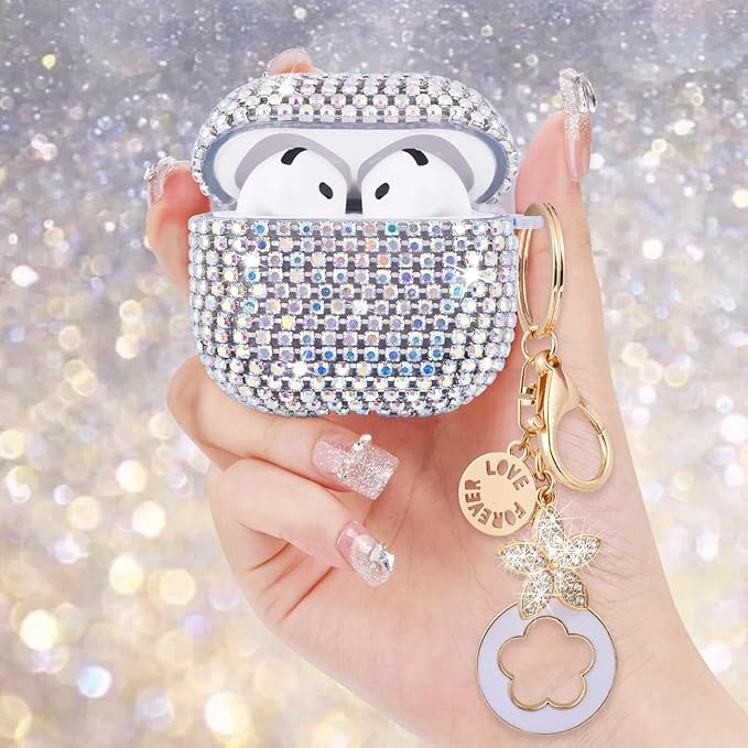 VISOOM Cute Jewelry Case for Airpods 4 Cases 2024 Cover Women, Sparkly Air pods 4 Gen Case Hard TPU Airpod Case 4th Generation Glitter iPods 4 Cases with Bling Keychain for iPods Earbuds Airpods 4th