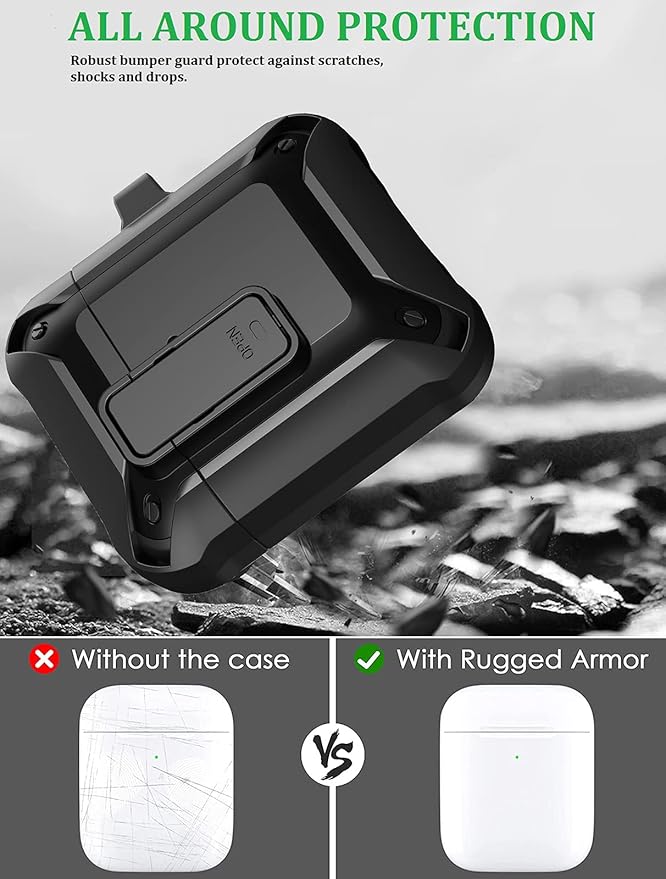 for Airpods 2nd 1st Generation Case Men Lock with Cleaner Kit, Rugged AirPod 2/1 Gen Protective Hard Cover Shockproof Skin Boys Women with Keychain for Apple iPods 2nd/1st Cases, Black