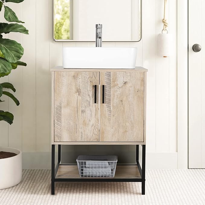 eclife 24" Bathroom Vanity Sink Combo Modern Metal Stand Cabinet W/Bottom Shelf White Rectangle Vessel Sink & Water Save Faucet & Pop Up Drain, Oak (T03)