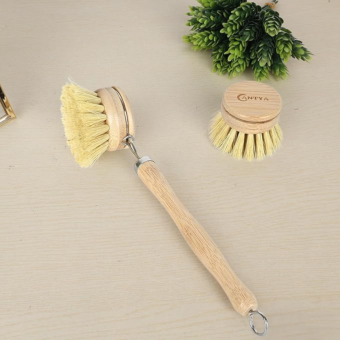 Bamboo Dish Brush with Handle 4 Replacement Heads, Eco-Friendly Potato Scrubber, Compostable & Sustainable, Bamboo Dish Scrubber Brush for Cleaning Kitchen Utensils(Soft Bristles)