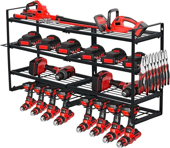 Power Tool Organizer, Drill Holder Wall Mount, Heavy Duty 4-Layer Drill Storage Shelf Loads 400Lbs, 8 Drill Holders and Drill Bit Rack, Utility Power Tool Storage for Garage Workbench