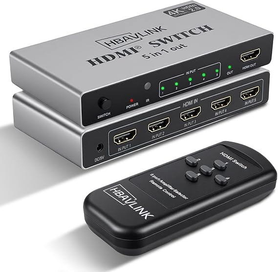 HDMI Switch 5 in 1 Out 4K 60Hz, HBAVLINK 5 Port HDMI Switcher Selector with Remote & Manual Switch, Support Dolby Atmos/Vision, HDR, CEC, Compatible with PS5/4/3, Xbox, Fire TV, Apple TV, Roku