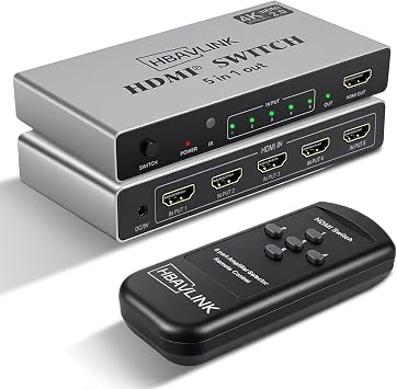HDMI Switch 5 in 1 Out 4K 60Hz, HBAVLINK 5 Port HDMI Switcher Selector with Remote & Manual Switch, Support Dolby Atmos/Vision, HDR, CEC, Compatible with PS5/4/3, Xbox, Fire TV, Apple TV, Roku