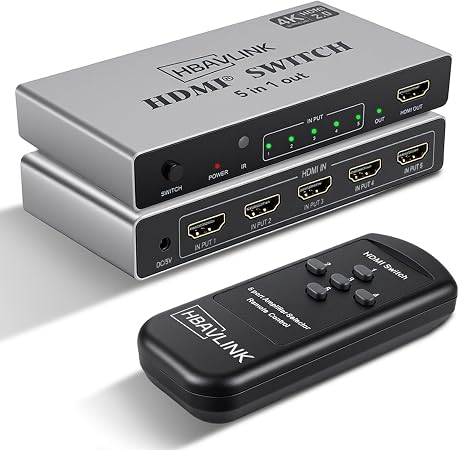 HDMI Switch 5 in 1 Out 4K 60Hz, HBAVLINK 5 Port HDMI Switcher Selector with Remote & Manual Switch, Support Dolby Atmos/Vision, HDR, CEC, Compatible with PS5/4/3, Xbox, Fire TV, Apple TV, Roku