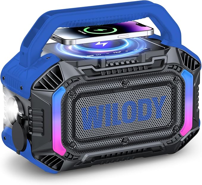 Wilody Speakers Bluetooth Wireless, 100W Loud Outdoor Speaker with Bass, IPX7 Waterproof Floatable, 20H Playtime, Wireless Charge, TWS, RGB Light, Portable Speaker for Work, Garage, Outdoor (L-Blue)