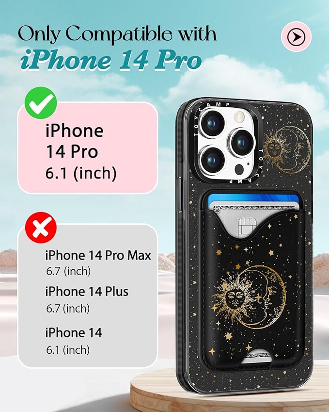Toycamp for iPhone 14 Pro Case - Compatible with Magsafe Credit Card Holder Wallet Magnetic Cute Women Teen Girls Kawaii Girly Unique Sun Moon Design Phone Cover for iPhone 14 Pro
