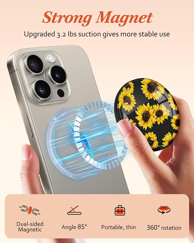 Kidcube Phone Grip Compatible with Magsafe - Magnetic Phone Grip Stand Cute Sunflower Finger Grip Kickstand Ring Holder Women Girls Compatible with Magsafe Accessories for iPhone 16/15/14/13/12 Series
